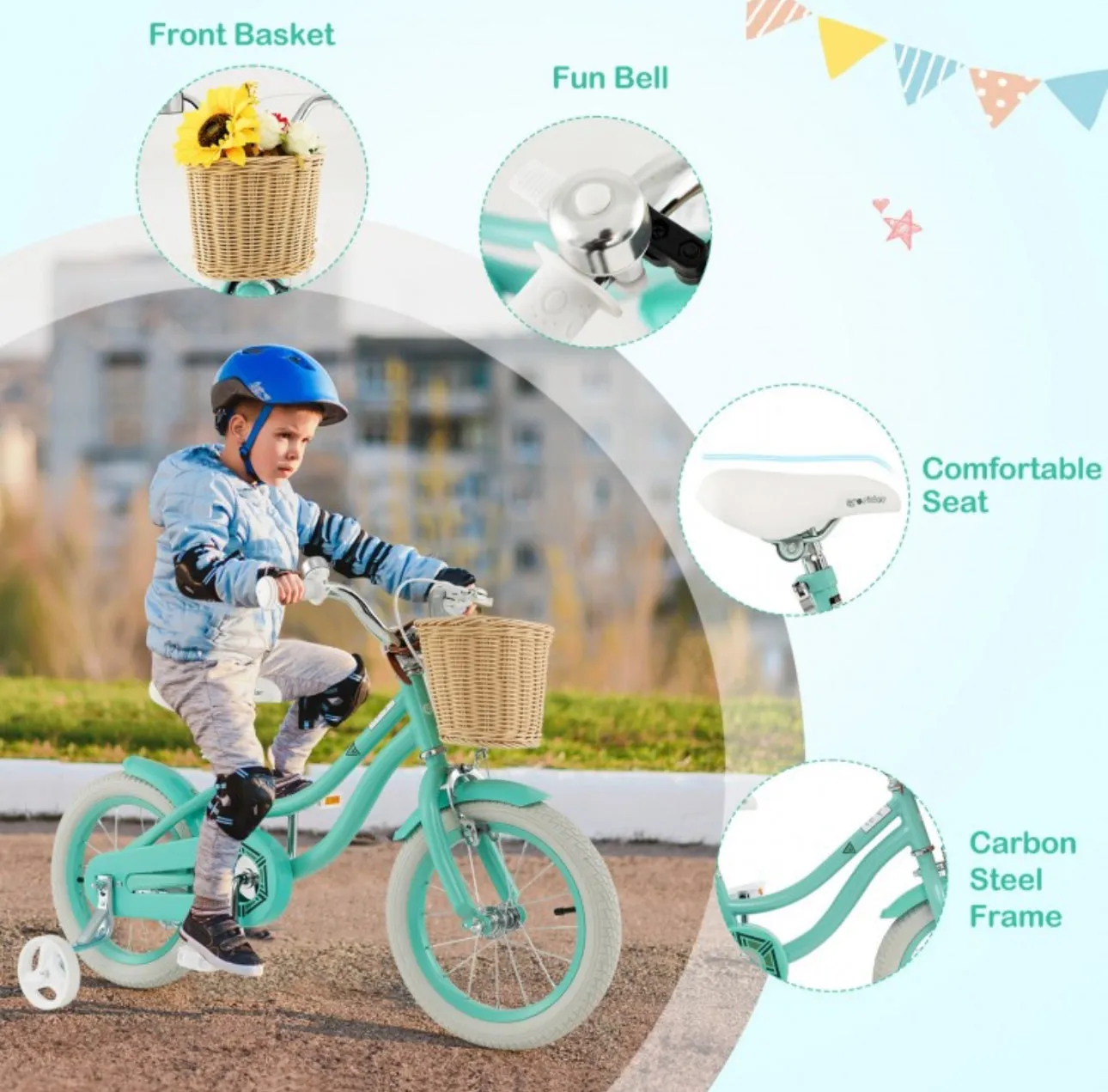 Adorable & Cute 14” Children’s Adjustable Bicycle Pedal Bike | Removable Training Wheels | Ages 3-5 | Bell | Basket | Adjustable Seat, Handlebar | Brakes | Easy Assembly