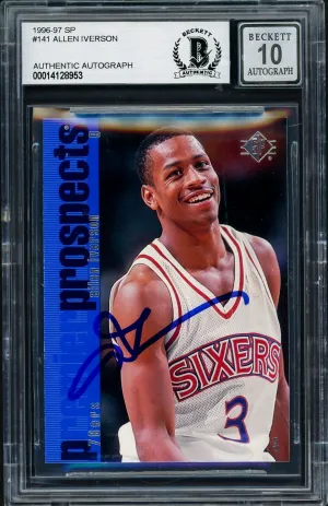 Allen Iverson Autographed 1996-97 Upper Deck SP Rookie Card #141 Philadelphia 76ers Auto Grade Gem Mint 10 Beckett BAS #14128953