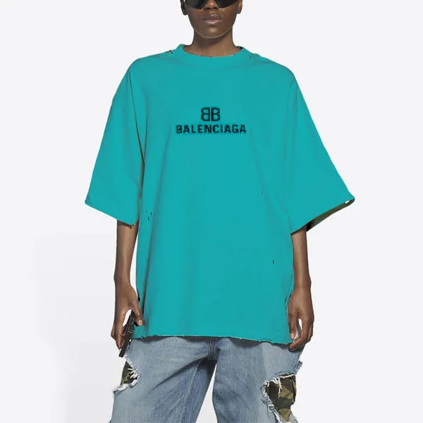 Balenciaga Mosaic Logo T-Shirt BB Alphabet Loose Hole Distress Short Sleeve Unisex Blue