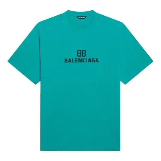 Balenciaga Mosaic Logo T-Shirt BB Alphabet Loose Hole Distress Short Sleeve Unisex Blue