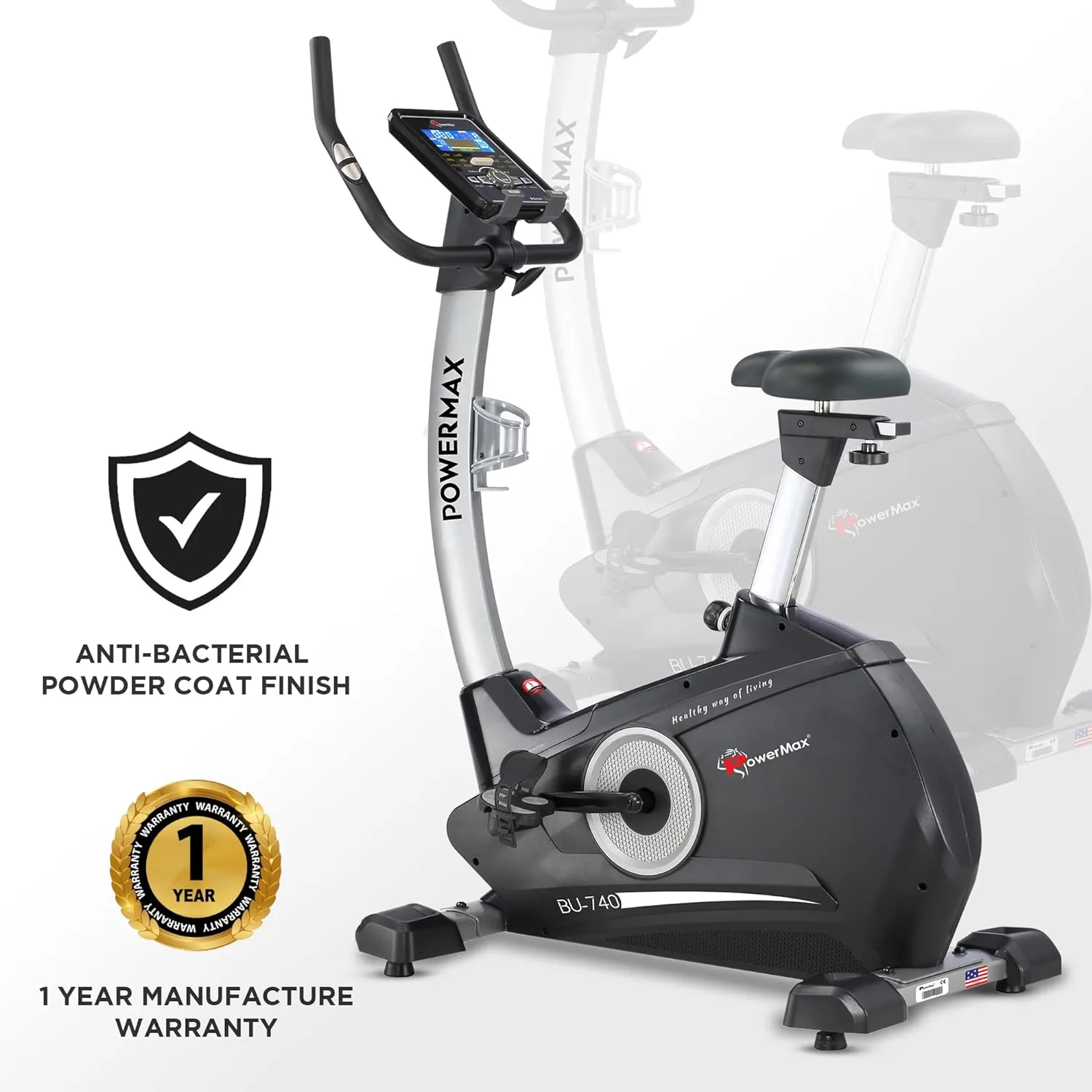 BU-740 Upright Exercise Bike for Home Use [8Kg Flywheel | Max User Weight 120kg | LCD Display | 10-Level Adjustable Resistance & Anti-slip Pedal] Black colour