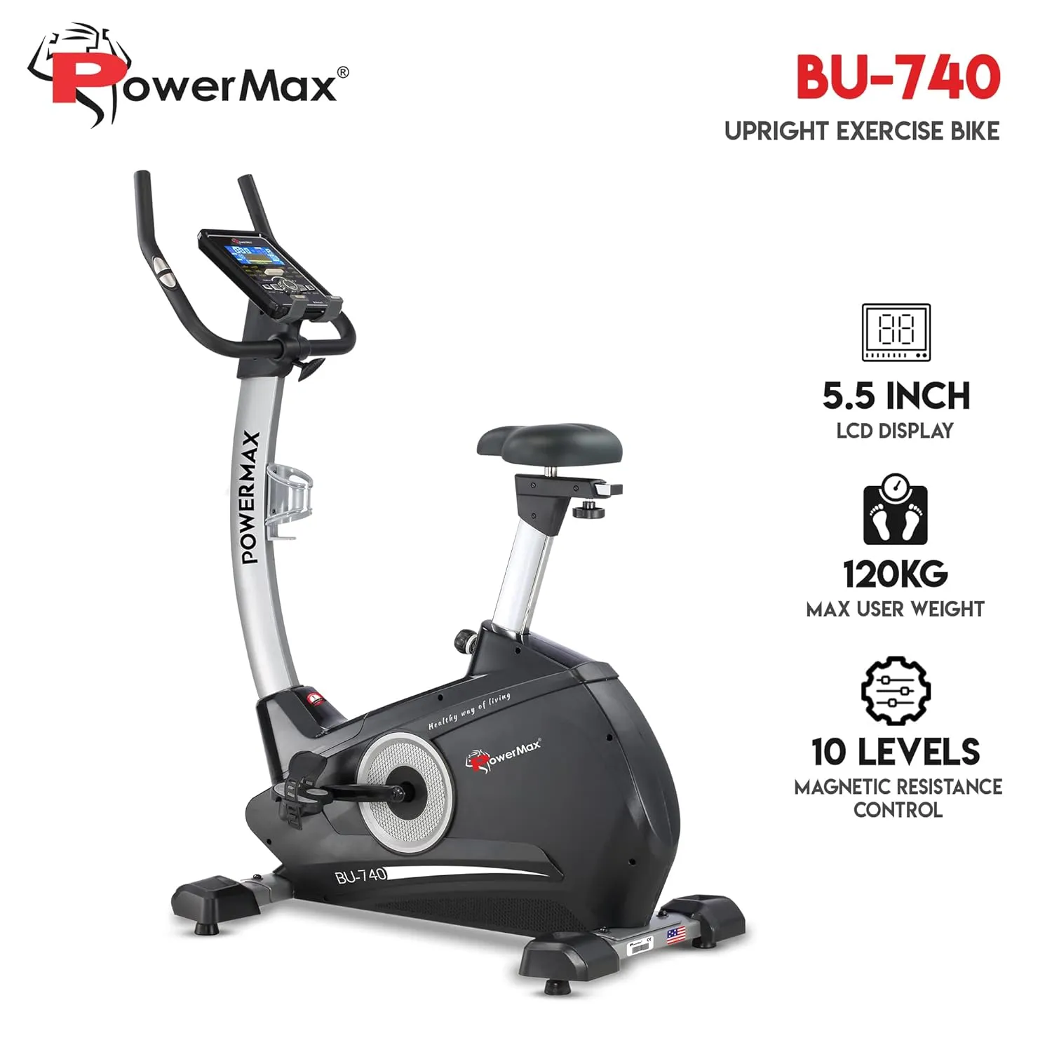 BU-740 Upright Exercise Bike for Home Use [8Kg Flywheel | Max User Weight 120kg | LCD Display | 10-Level Adjustable Resistance & Anti-slip Pedal] Black colour