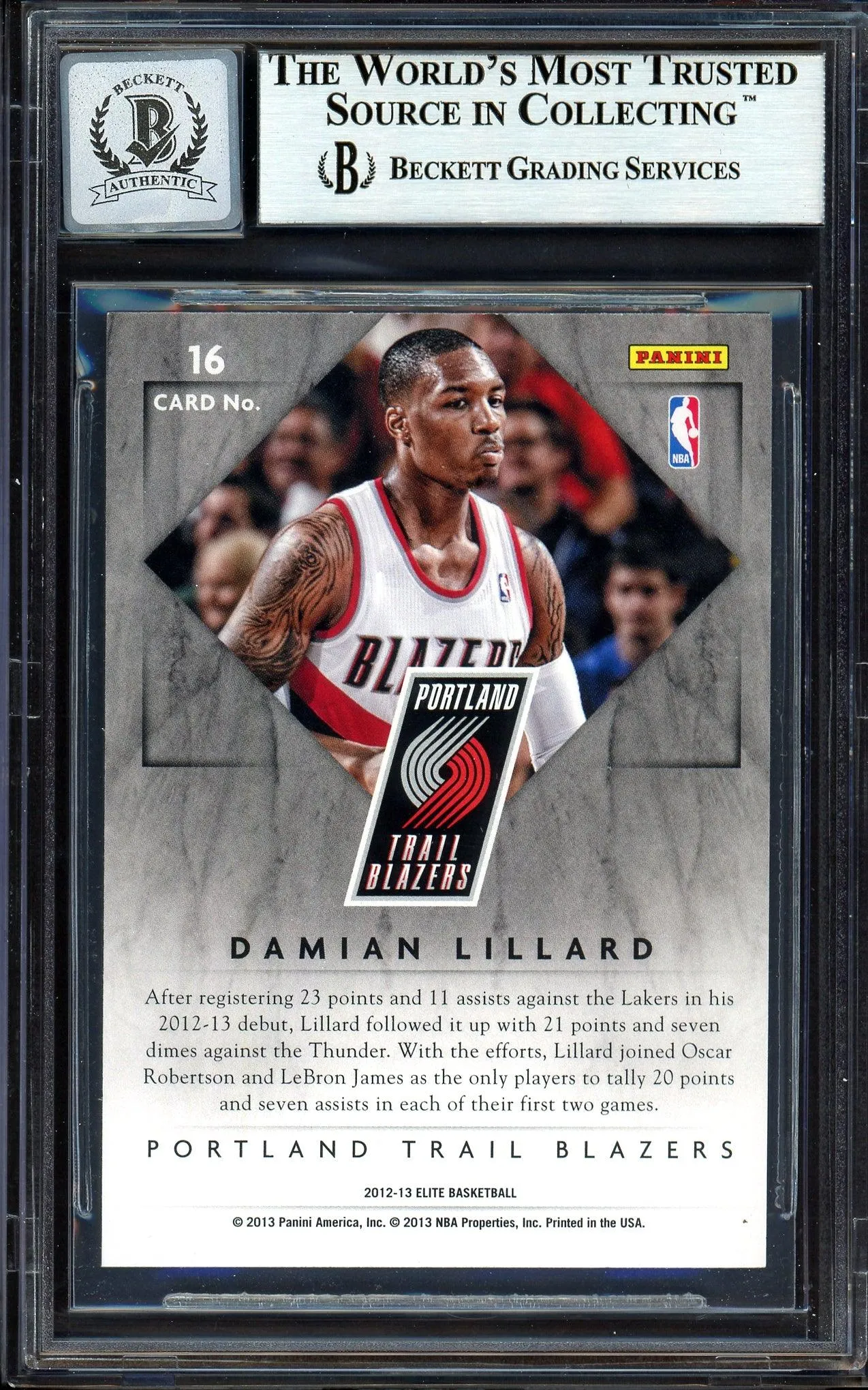 Damian Lillard Autographed 2012-13 Panini Elite Rookie Card #16 Portland Trail Blazers Auto Grade Gem Mint 10 Beckett BAS #13605395