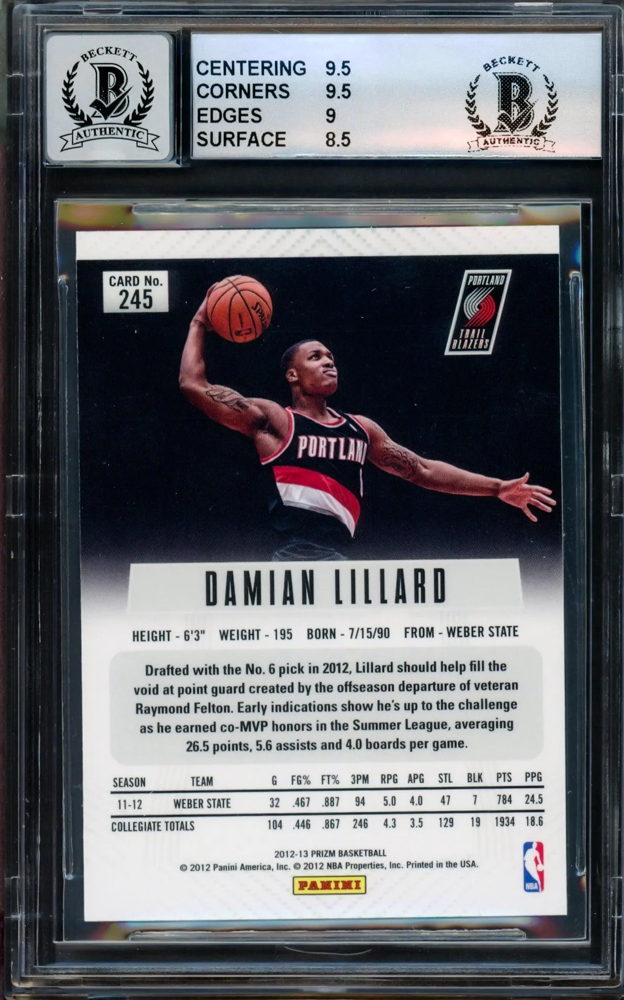 Damian Lillard Autographed 2012-13 Panini Prizm Rookie Card #245 Portland Trail Blazers BGS 9 Auto Grade Gem Mint 10 Beckett BAS #14323931