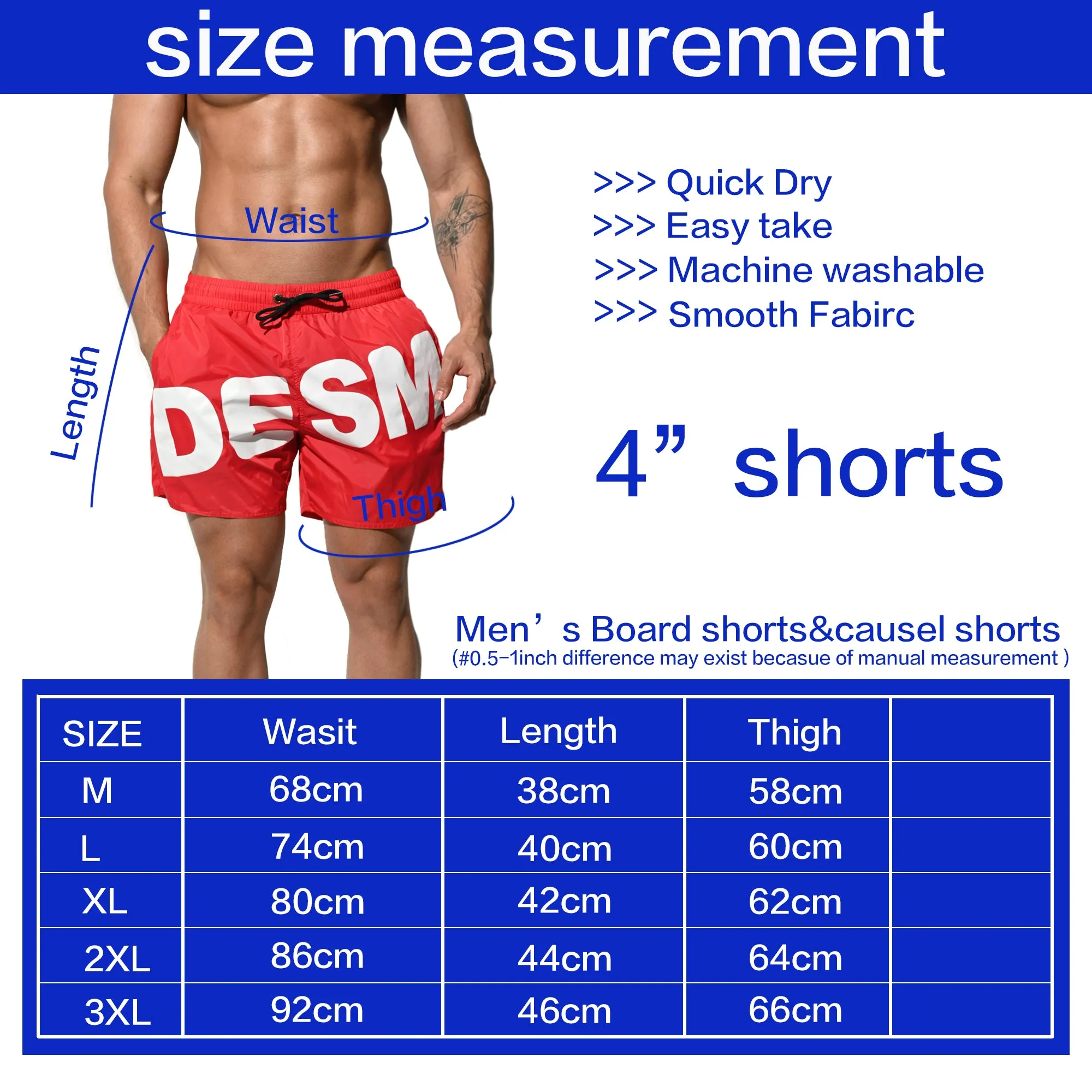 DESMIIT Men's Fashion Full Lined Regular Surf Board Shorts Pocket Shorts B3106