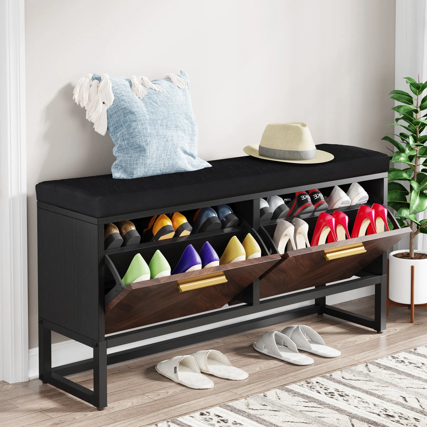 Entryway Shoe Storage Bench, Hallway Shoe Organizer with 2 Flip Drawers