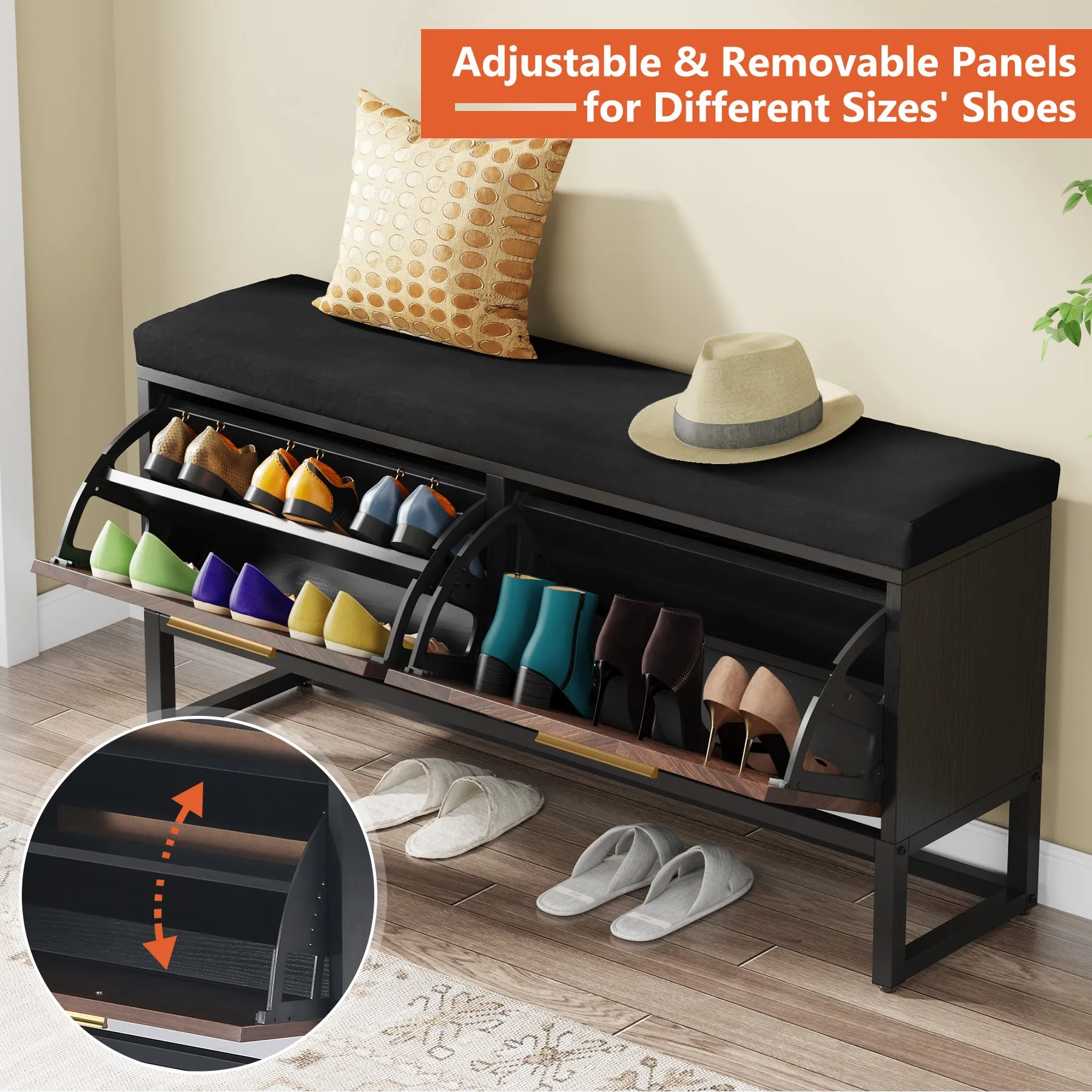 Entryway Shoe Storage Bench, Hallway Shoe Organizer with 2 Flip Drawers