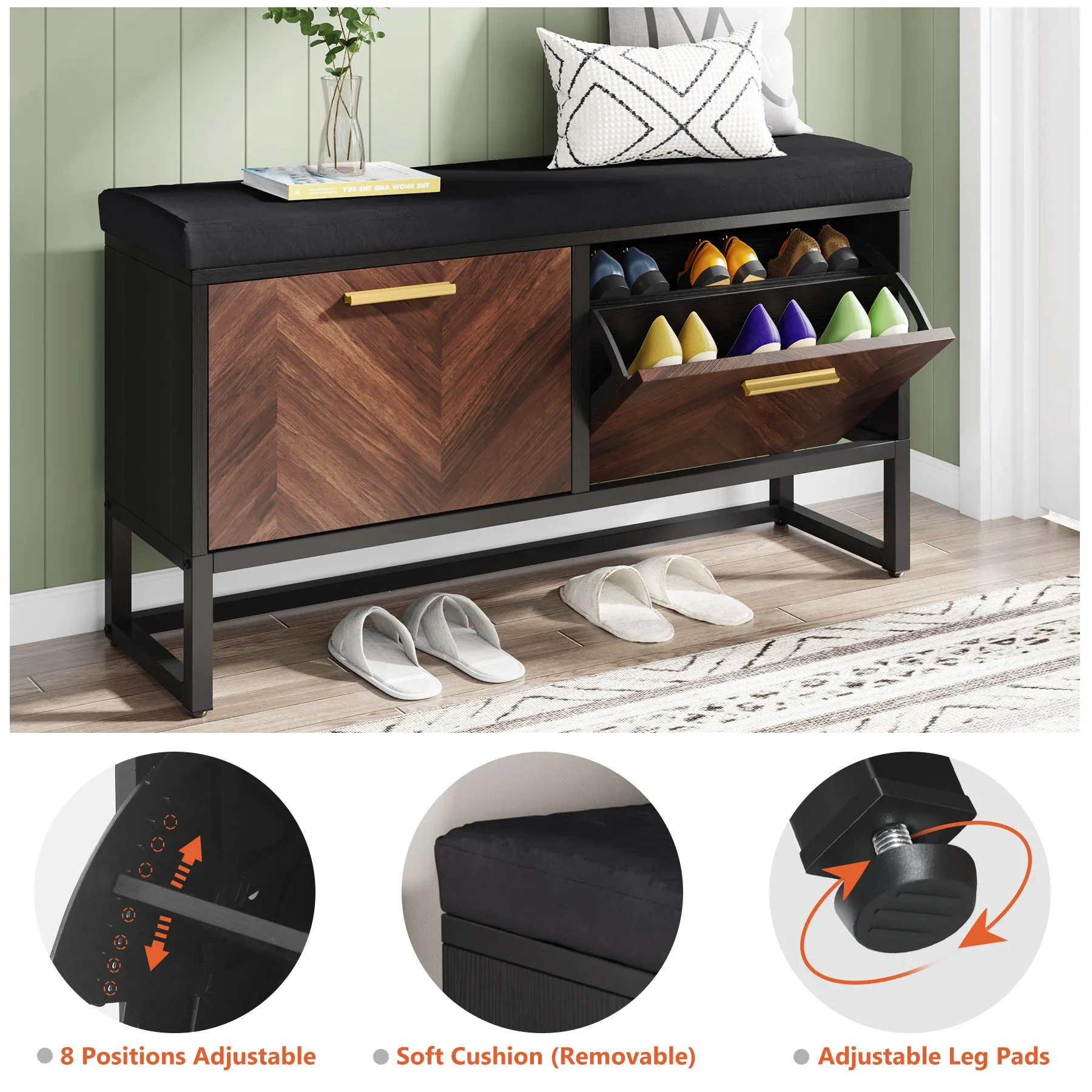 Entryway Shoe Storage Bench, Hallway Shoe Organizer with 2 Flip Drawers