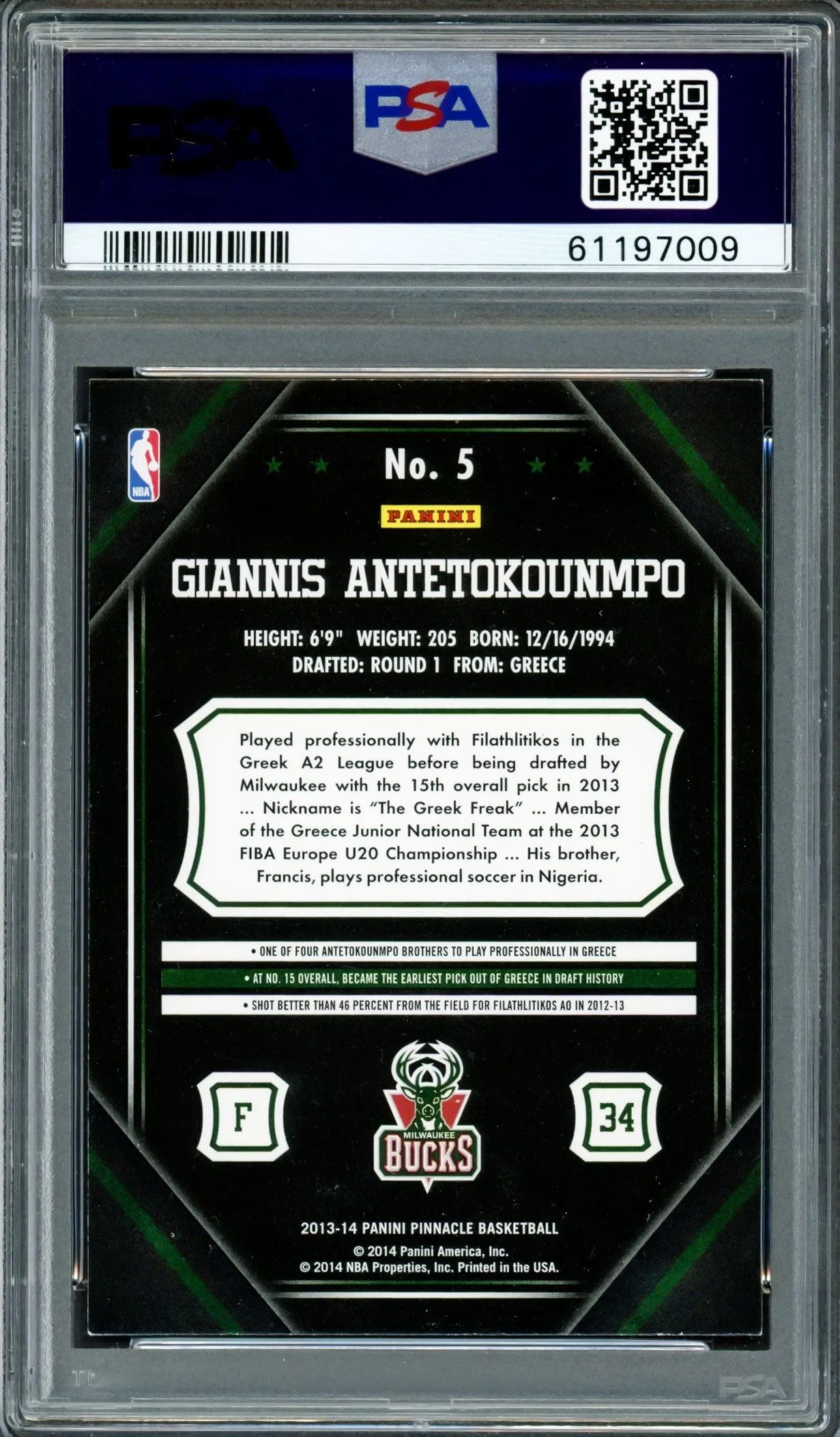 Giannis Antetokounmpo Autographed 2013 Panini Pinnacle Rookie Card #5 Milwaukee Bucks Auto Grade Mint 9 PSA/DNA #61197009