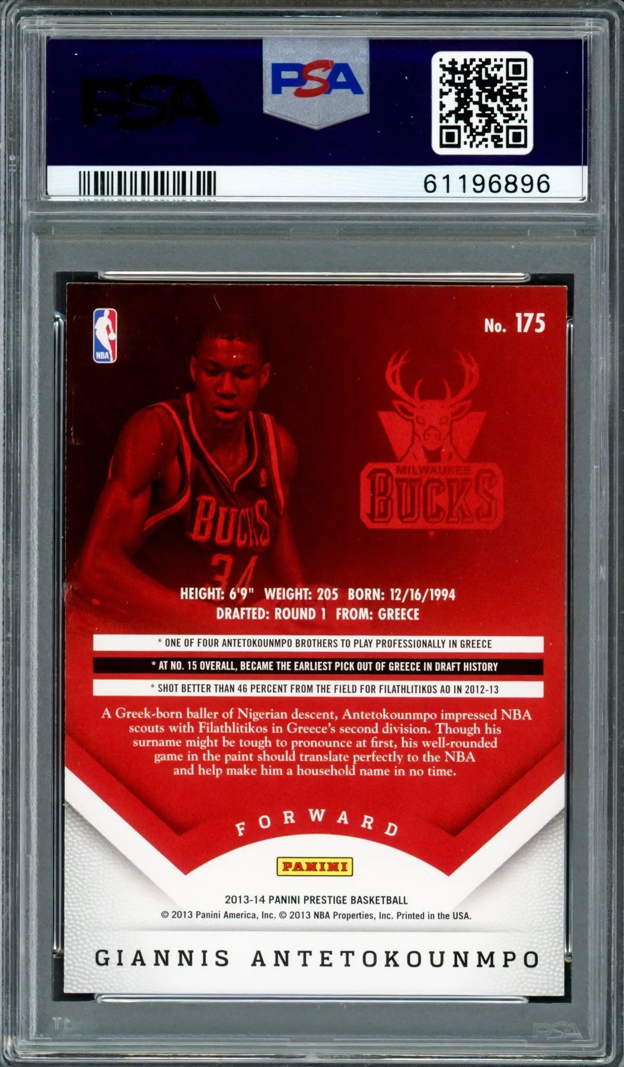 Giannis Antetokounmpo Autographed 2013 Panini Prestige Rookie Card #175 Milwaukee Bucks PSA 9 Auto Grade Gem Mint 10 PSA/DNA #61196896