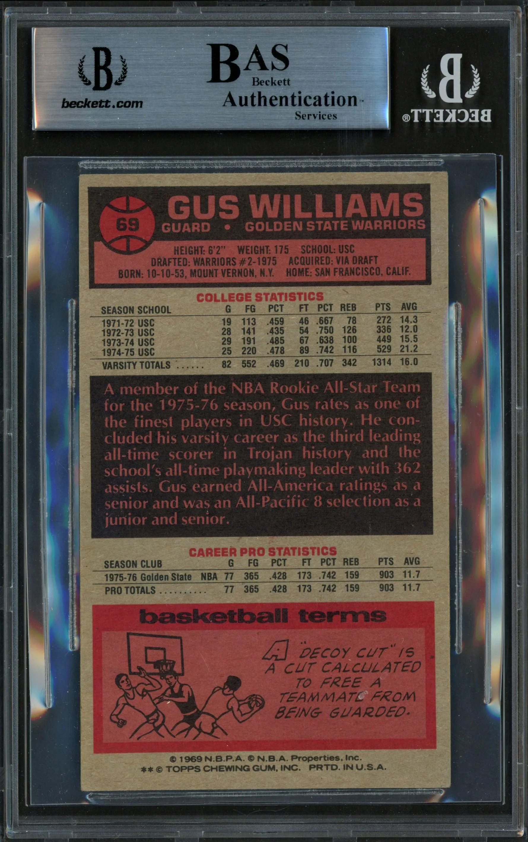 Gus Williams Autographed 1976-77 Topps Rookie Card #69 Golden State Warriors Rookie Beckett BAS #14232642