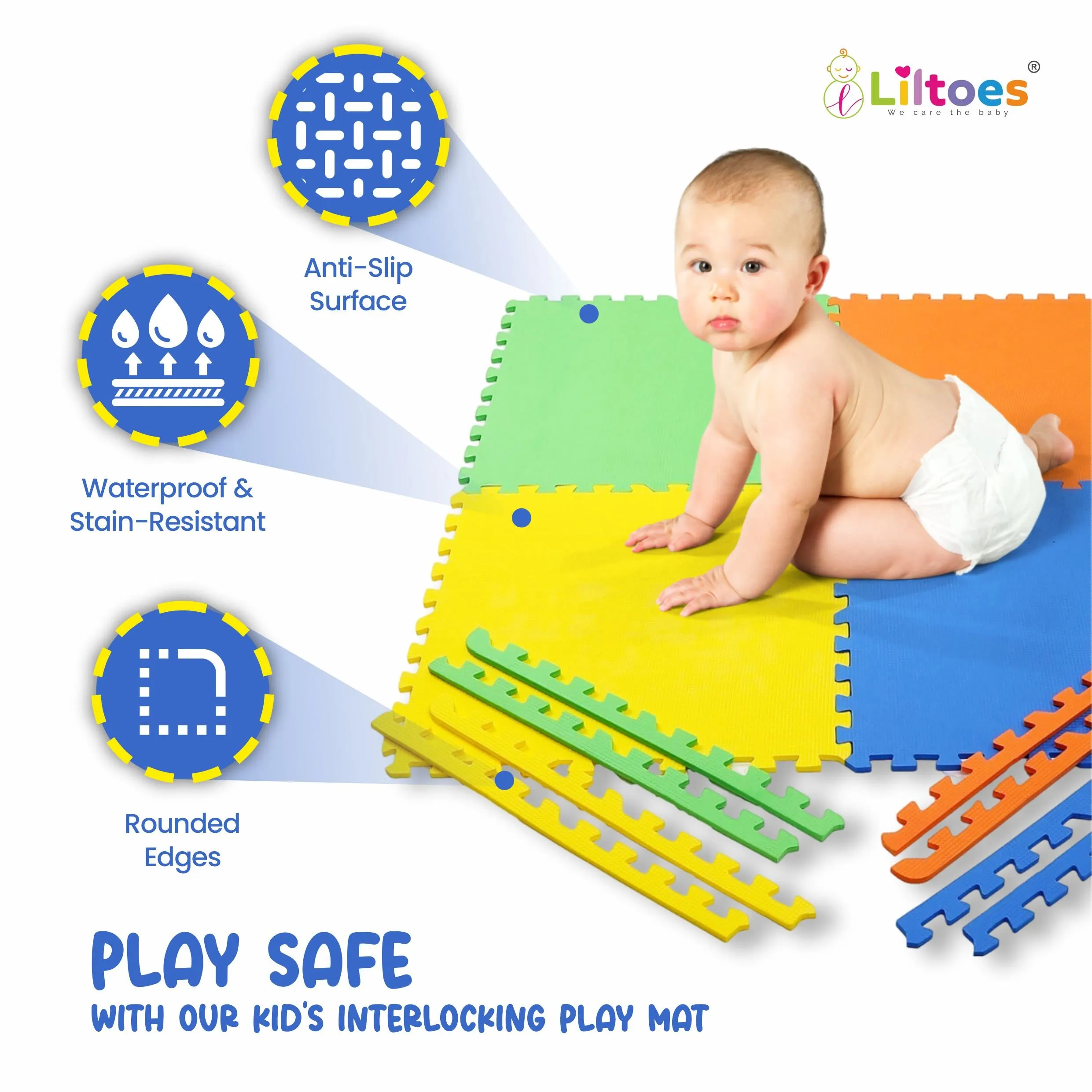 LILTOES EVA Interlocking Play Mat -12 mm Thick | Kids mats for Floor - Set of 16 Tiles (Multicolour)