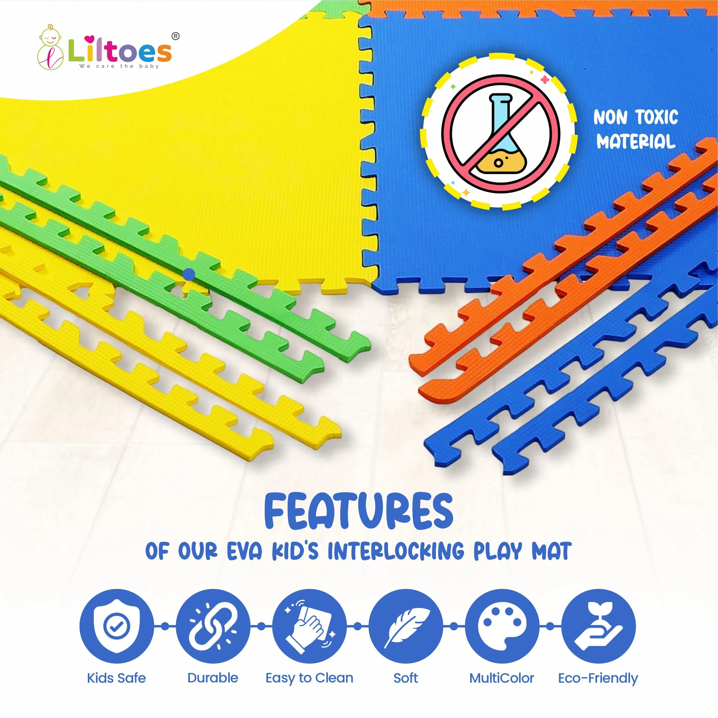 LILTOES EVA Interlocking Play Mat -12 mm Thick | Kids mats for Floor - Set of 16 Tiles (Multicolour)