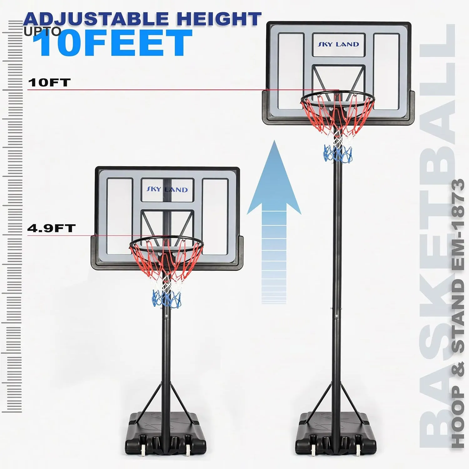 Portable Basketball Hoop EM-1873 Goal on Wheels Adjustable Height 5-10 FT, 44" Backboard For Adults & Kids, Outdoor Basketball Hoop Stand