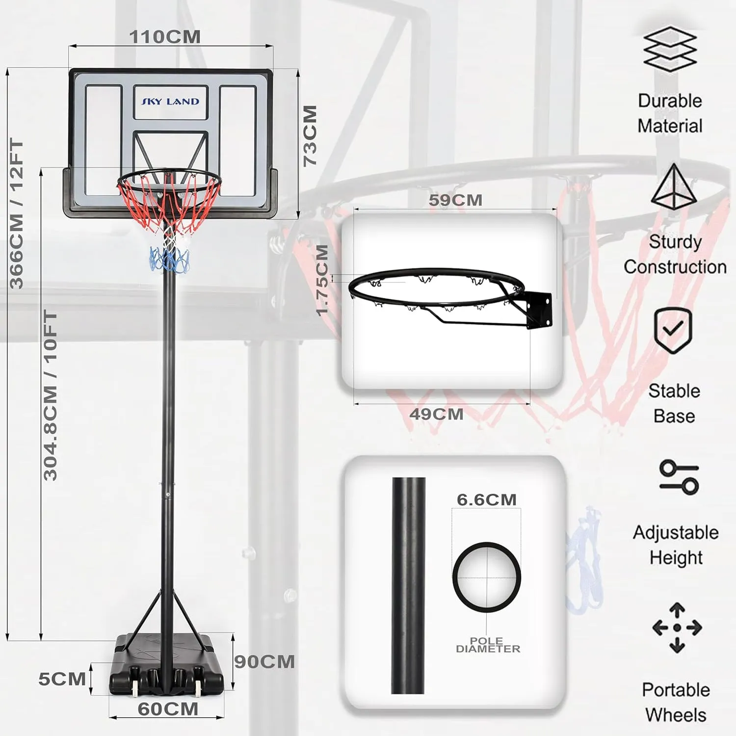 Portable Basketball Hoop EM-1873 Goal on Wheels Adjustable Height 5-10 FT, 44" Backboard For Adults & Kids, Outdoor Basketball Hoop Stand