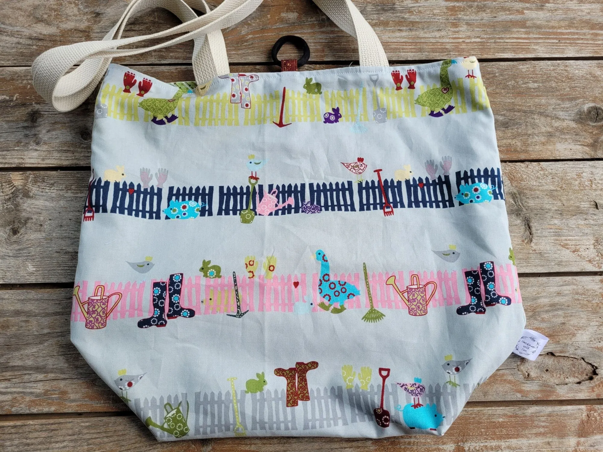 Reusable Compact Shopping Bag, Basic Tote Bag in Funny Farm Cotton Fabric