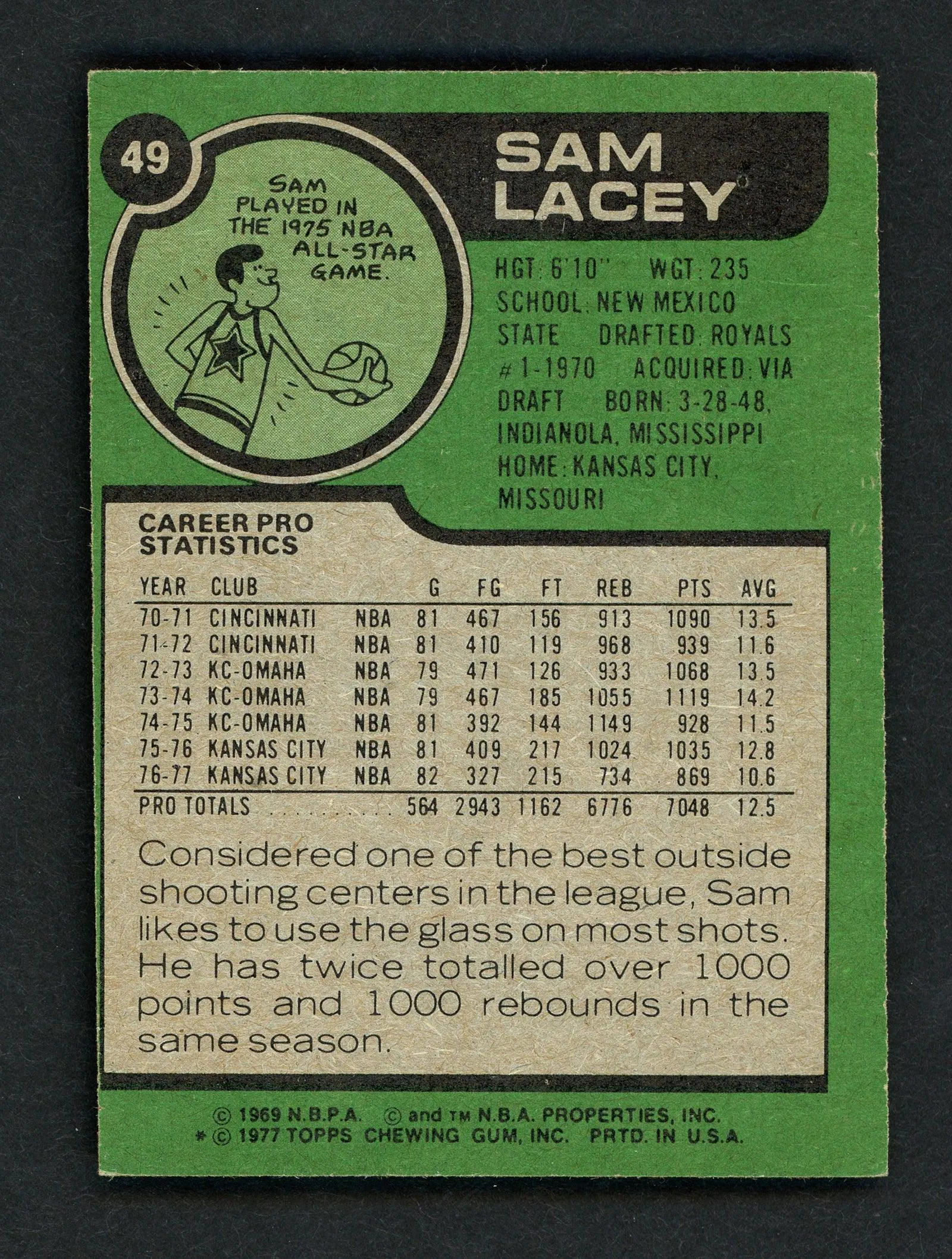 Sam Lacey Autographed 1977-78 Topps Card #49 Kansas City Kings SKU # 158670