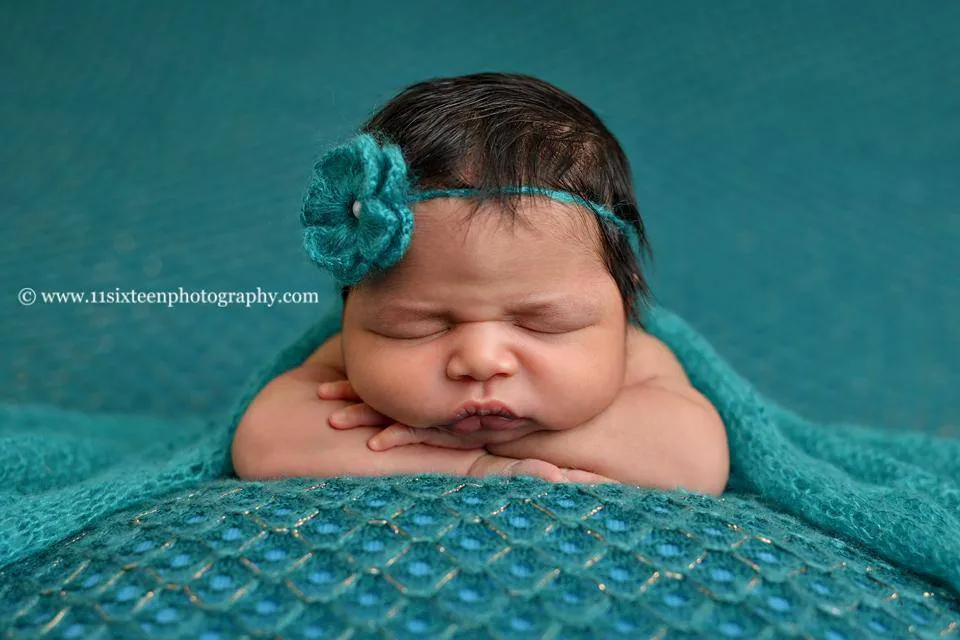 SET Teal Mohair Knit Baby Wrap and Headband