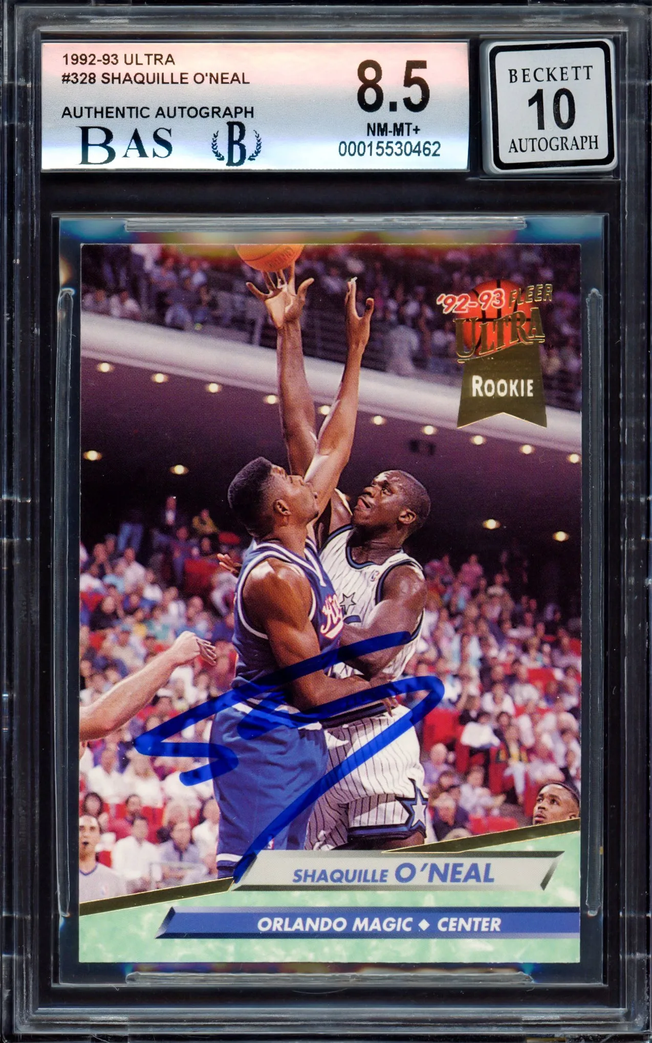 Shaquille "Shaq" O'Neal Autographed 1992-93 Fleer Ultra Rookie Card #328 Orlando Magic BGS 8.5 Auto Grade Gem Mint 10 Beckett BAS Stock #214855