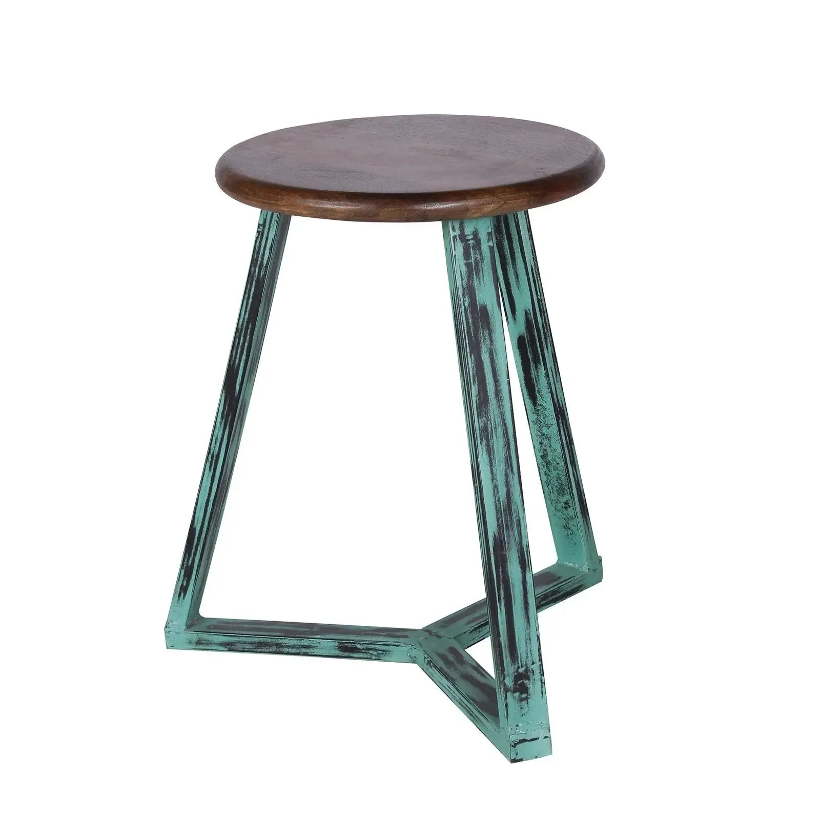 Vintage Green Iron and Wood Stool