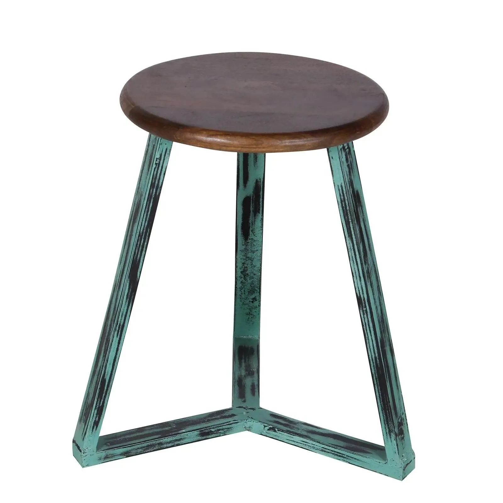 Vintage Green Iron and Wood Stool