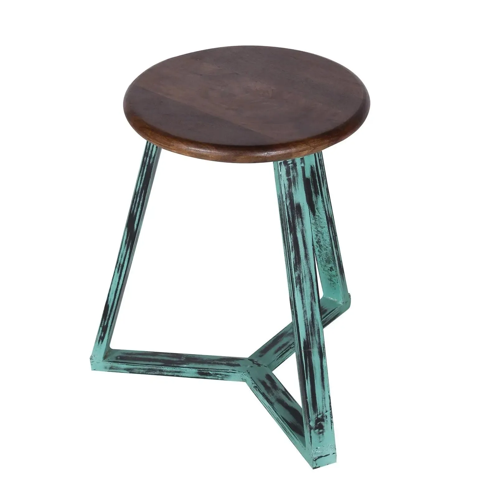 Vintage Green Iron and Wood Stool