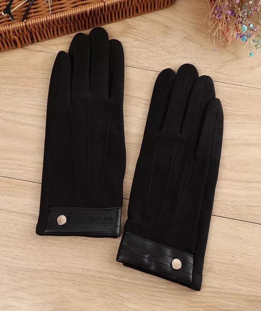 Winter Warm Gloves Women Soft Velvet Glove Leather Cuff Gold Stud